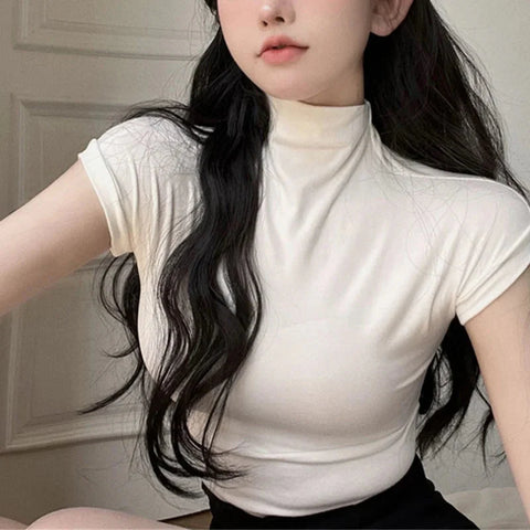 y2k Crop Tops Vest Solid Color Mock Neck Sleeveless Stretchy T Shirts 2000s Aesthetic Clothing Streetwear