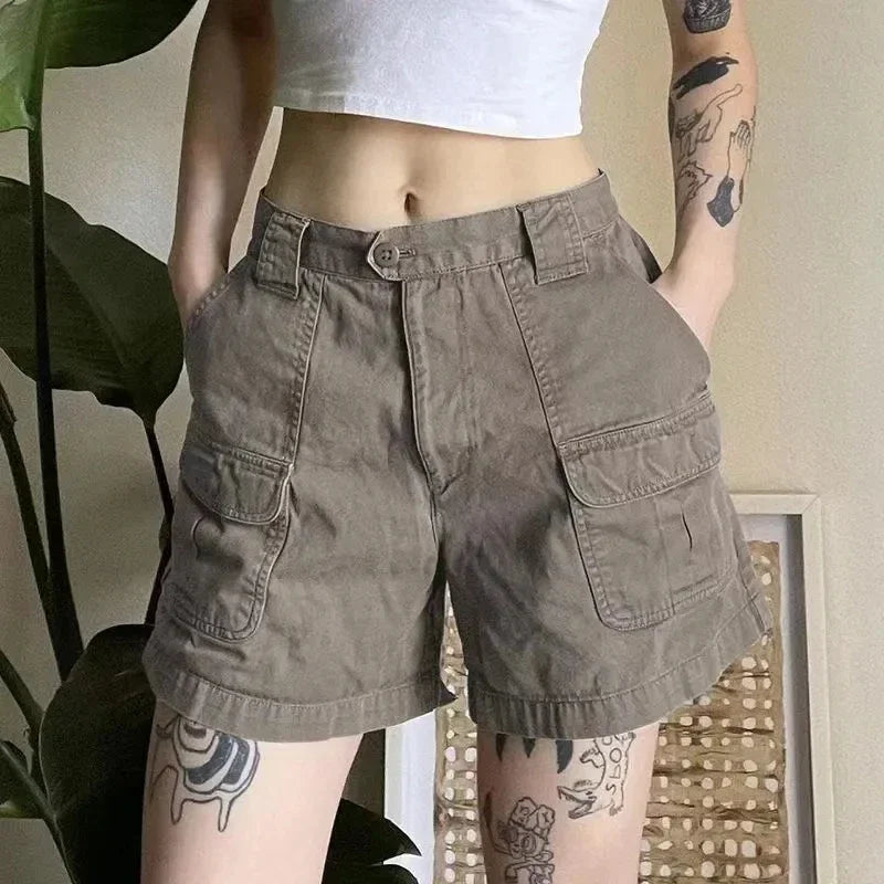 Y2k Vintage Streetwear Cargo Denim Shorts American Retro Harajuku Solid Loose Jeans Casual Pocket Chic