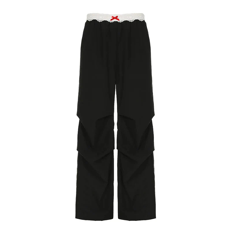 Contrast Lace Stitching Wide Leg Pants Streetwear y2k Low Rise Loose Black Trousers for Korean Baggy Capris