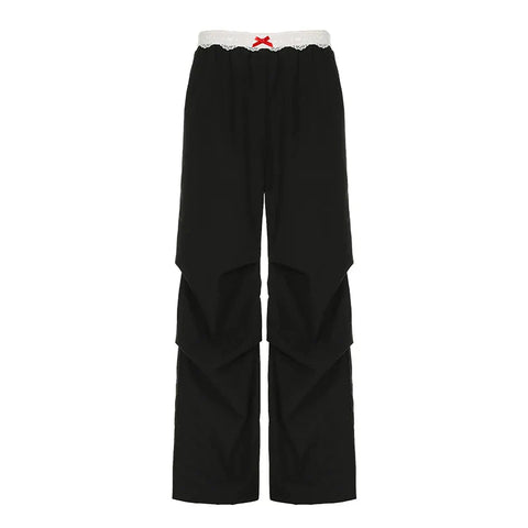 Contrast Lace Stitching Wide Leg Pants Streetwear y2k Low Rise Loose Black Trousers for Korean Baggy Capris