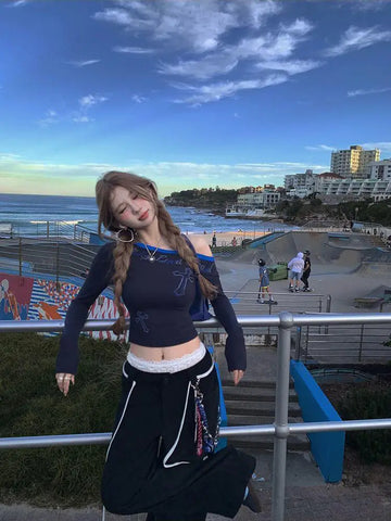 American Retro Patchwork Graphic T Shirts Woman Clothing One Shoulder Long Sleeve 2000s Clothes Y2k Tops