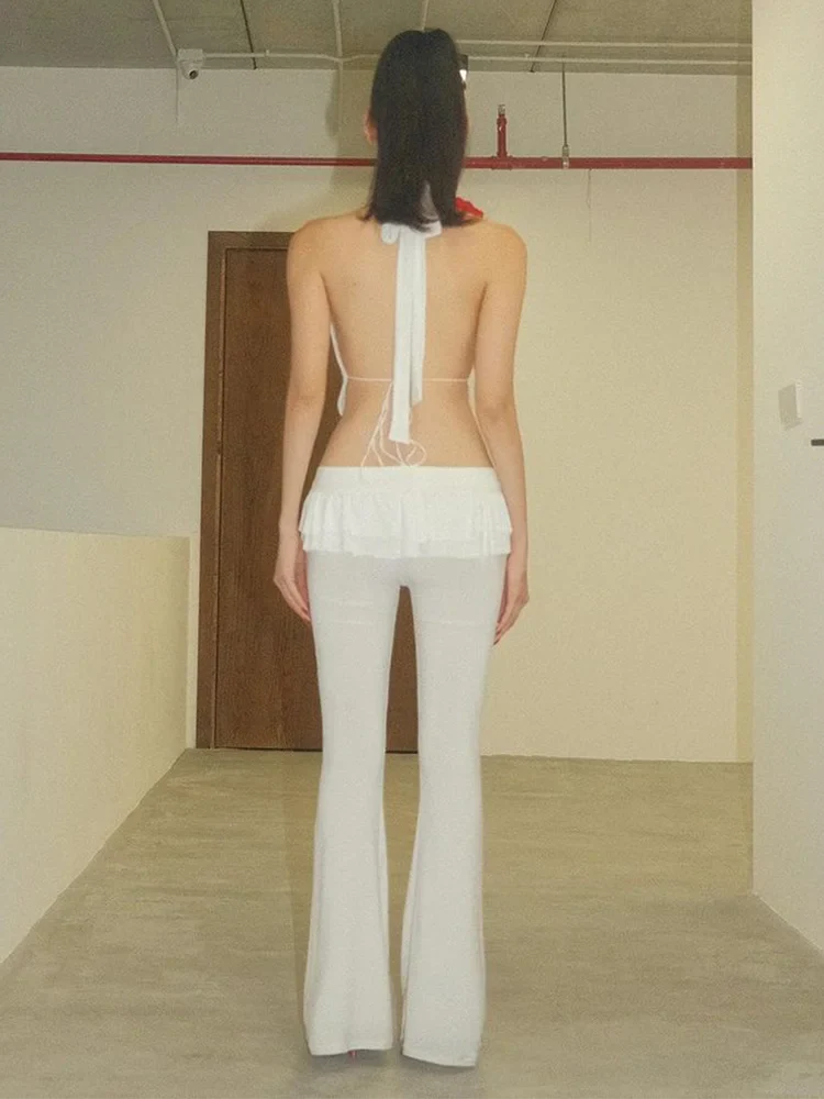 Voguable Solid Bow Lacing Patchwork Double Layer Ruffles Flare Pants Mid Rise Slim Trousers Hottie Y2K Streetwear