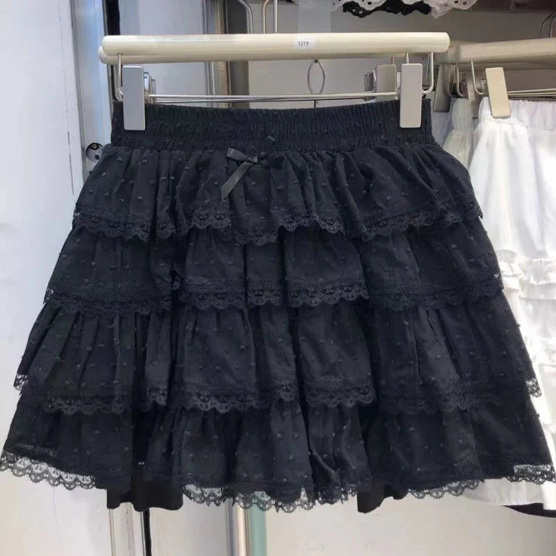 Y2K Lace Skirt Sweet Preppy Patchwork Tutu Skirt High Waist White Lolita FeMini Cake Skirt