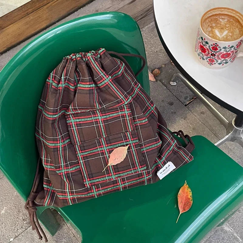 Drawstring Vintage Pleated Backpacks Y2k Aesthetic Plaid Grunge Shoulder Bags High-capacity Harajuku Handbags Crossbody