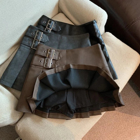 S-3XL Y2K Pu Leather Mini Skirts Streetwear High Waist Pleated Skirt Vintage Korean Black Slim Casual A Line Skirts