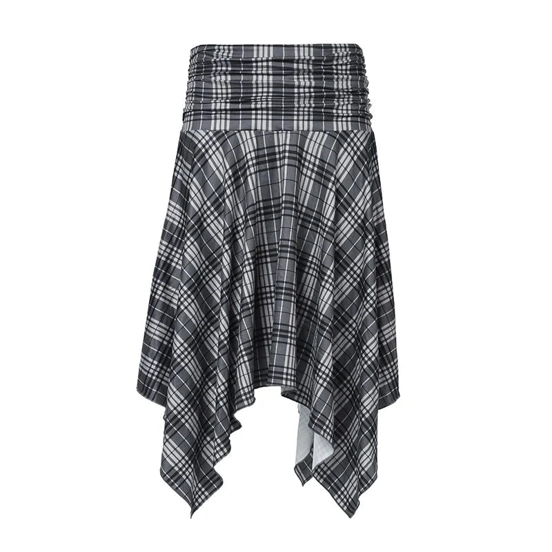 Preppy Style Plaid Print Skirt Grey Low Rise Loose Irregular A-line Midi Skirts Harajuku Clothes y2k Streetwear New