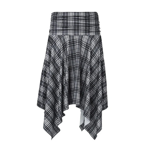 Preppy Style Plaid Print Skirt Grey Low Rise Loose Irregular A-line Midi Skirts Harajuku Clothes y2k Streetwear New