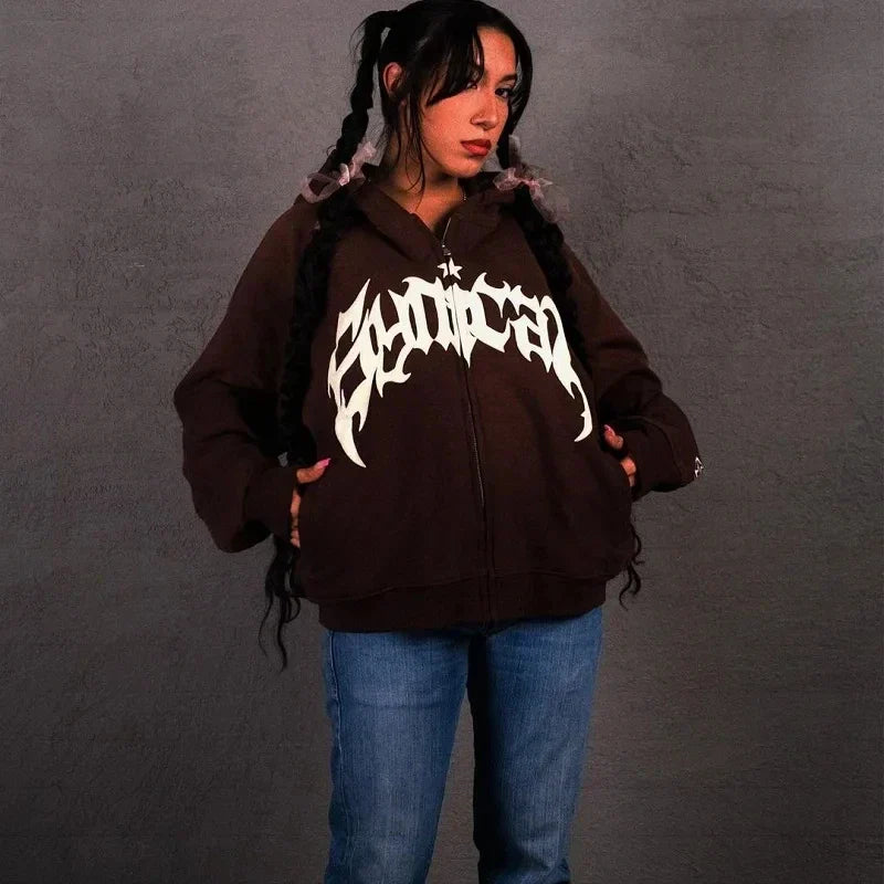 Harajuku High Street Popular Vintage Letter Print Y2k Zip Hoodies Loose Sweatshirt Unisex Casual Joker Pullovers Hoodie Tops