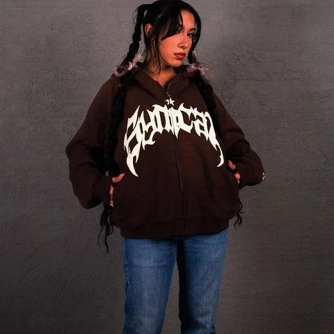 Harajuku High Street Popular Vintage Letter Print Y2k Zip Hoodies Loose Sweatshirt Unisex Casual Joker Pullovers Hoodie Tops