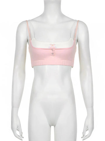 Voguable  Sweet Patchwork Camis Bow Buttons Up Sleeveless Crop Tops Y2K Aesthetic Casual Basic Vest Fitness Sports Tanks