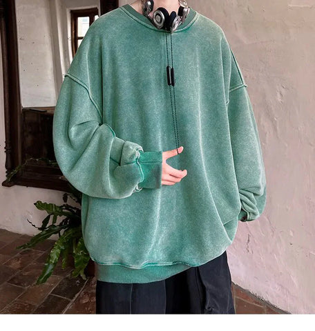 American Washed Old Pullovers Sweatshirts Loose Solid Color Large Size Warm O Neck Tops Hip Hop Y2k Sweatshirt