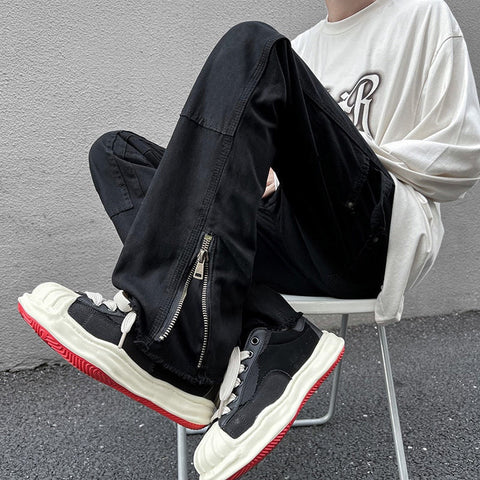 High Street Straight Black Jeans America y2k Design Hip Hop Denim Pants Zipper Casual Trousers