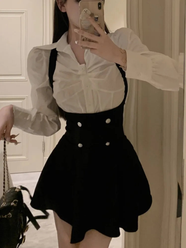Voguable  Y2K 3 Piece Set Cropped Coat + Long Sleeve Shirt + High Waist Halter Ruffles Mini Dress Korean Chic Outfits