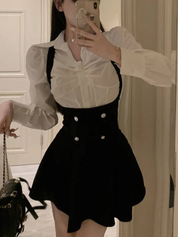 Voguable  Y2K 3 Piece Set Cropped Coat + Long Sleeve Shirt + High Waist Halter Ruffles Mini Dress Korean Chic Outfits