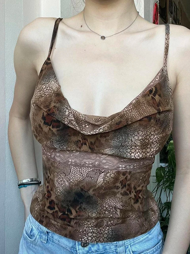 Voguable Leopard Print Lace Frill V-neck Crop Top Backless Camisole Y2K Aesthetic Vintage Mini Vest FeCoquette
