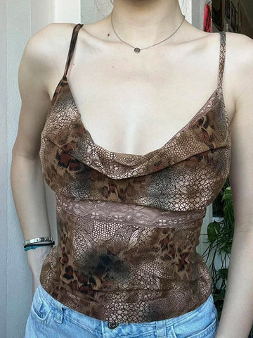 Voguable Leopard Print Lace Frill V-neck Crop Top Backless Camisole Y2K Aesthetic Vintage Mini Vest FeCoquette