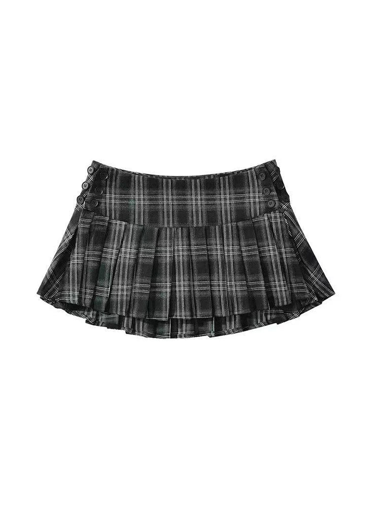 Vintage Y2K Plaid Mini Skirt Preppy Style Low Waist Slim A-line Side Split Retro Pleated Skirt Streetwear