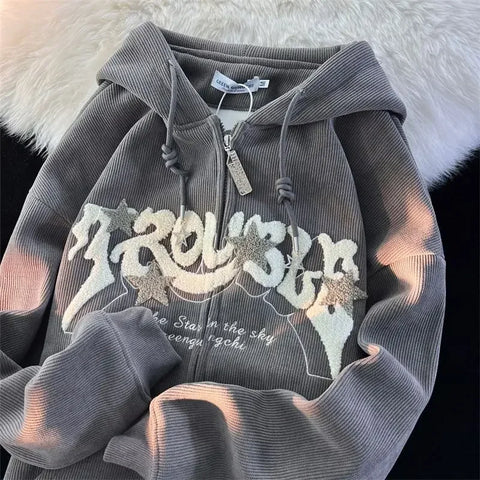 Y2K Letter Embroidered Hoodie Winter Vintage Zip Up Oversized Sweatshirt Harajuku Long Sleeve Hooded Jacket Clothes