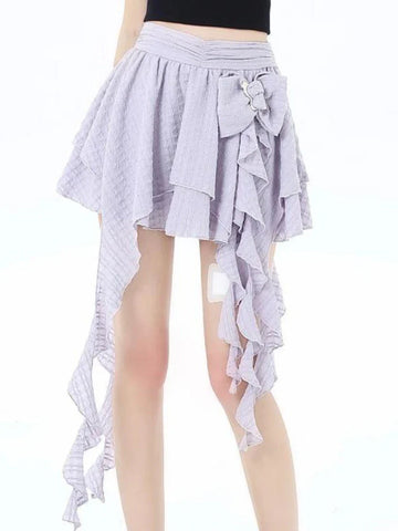 Voguable Harajuku Skirt Chic A-line Korean Sweet Saia Bow Irregular Y2k Mini Skirts Ruffles Jupe Clothing