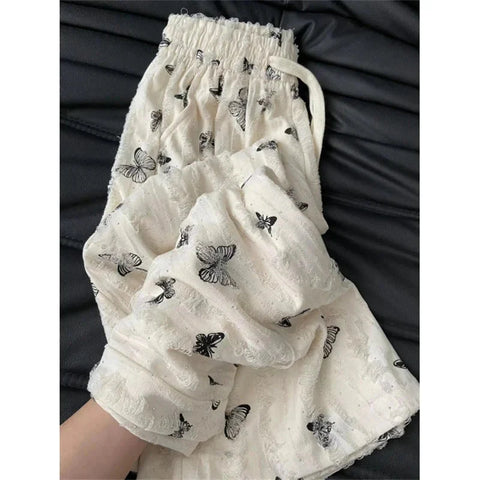 High Waist Wide Leg Pants Loose Butterfly Print FeCasual Pants Y2K Korean Drawstring Floor Length Trousers