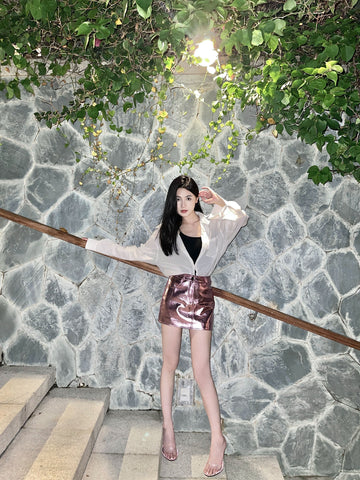 Pink Silver Reflective Shiny Patent Leather Mini Skirts for High Waist A Line Short Y2K Clothes