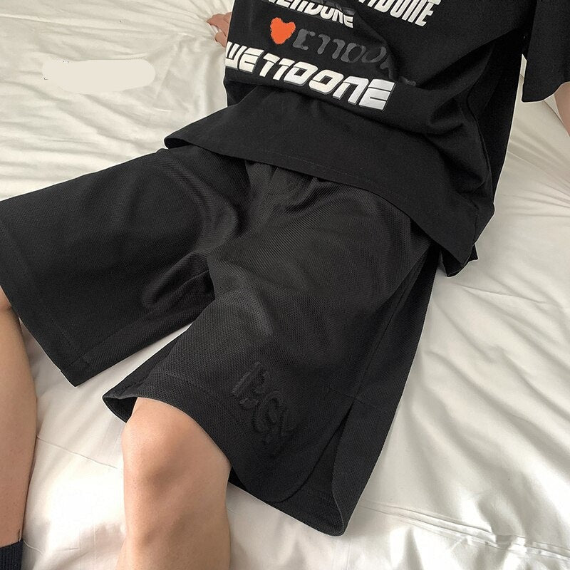 Korean Y2k Shorts Baggy Straight Tube Embossed Seal Casual Short Pants Breeches Harajuku Elastic Waist