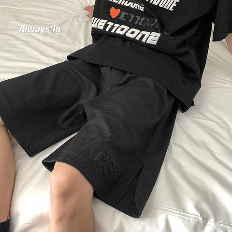 Korean Y2k Shorts Baggy Straight Tube Embossed Seal Casual Short Pants Breeches Harajuku Elastic Waist