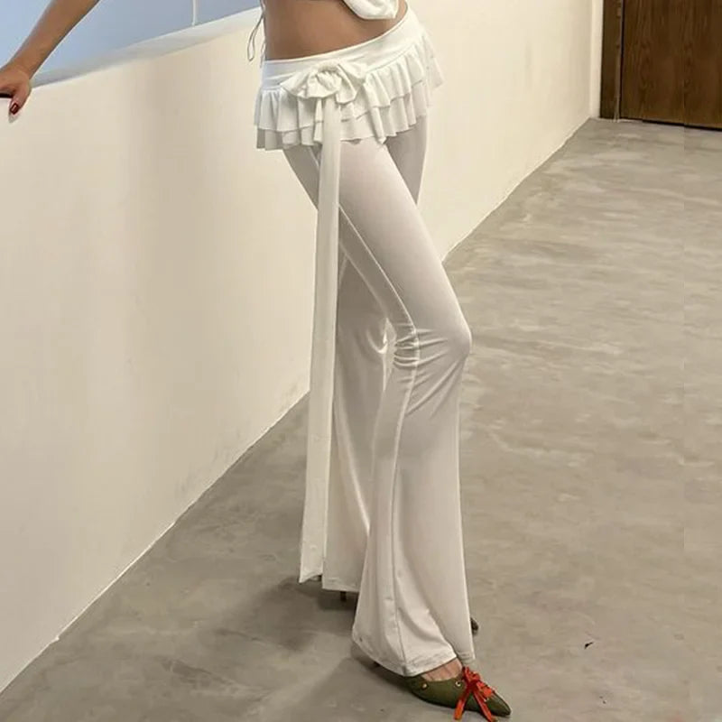 Voguable Solid Bow Lacing Patchwork Double Layer Ruffles Flare Pants Mid Rise Slim Trousers Hottie Y2K Streetwear