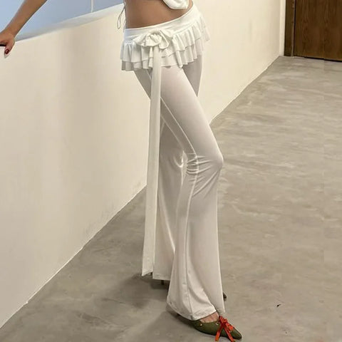 Voguable Solid Bow Lacing Patchwork Double Layer Ruffles Flare Pants Mid Rise Slim Trousers Hottie Y2K Streetwear