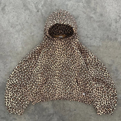Y2k Leopard Print Vintage Hoodies American Retro Streetwear Hiphop Oversized Hooded Sweatshirt