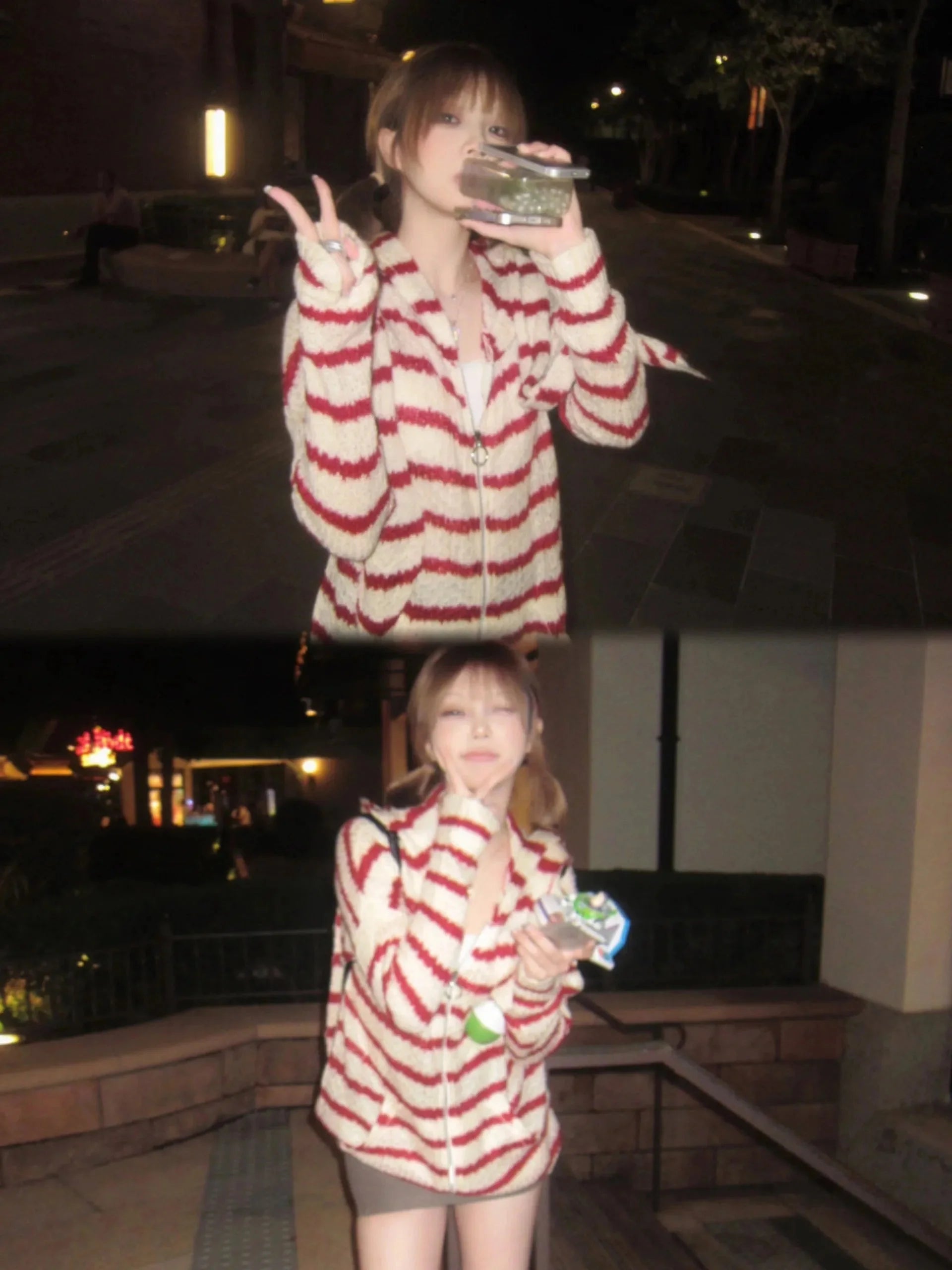 Japanese Y2k Hooded Cardigan 2000s Aesthetics Rabbit Ears Zipper Knitwear Vintage Harajuku Red Stripe Sweater Grunge