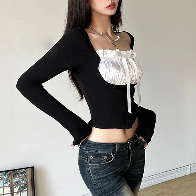 Voguable Sweet Contrast Pleated Satin Patchwork Cropped Top Coquette Slim-fit Knitted T-shirts Fall Y2K Tops Kawaii