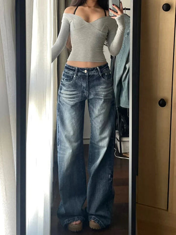 Voguable Y2k Vintage Wide Leg Jeans for Washed Casual High Waist Loose Denim Pants Streetwear Korean Straight Trousers