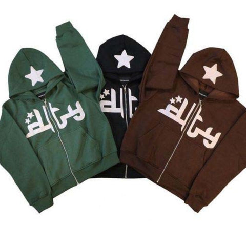 Voguable Star Letter Print Hoodie Zip Up Long Sleeve Oversized Jacket Coat Harajuku Gothic Hooded Sweatshirt Y2K Teen Clothes
