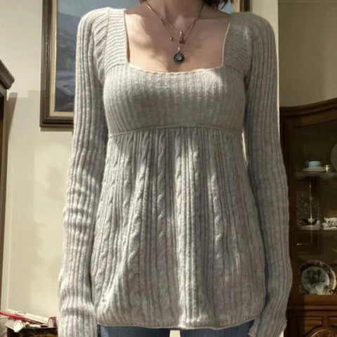 Vintage Babydoll Tops Pullovers Lady Aesthetic Coquette Knit Sweaters Outfit Square Neck Long Sleeve Knitwear Jumpers Y2k