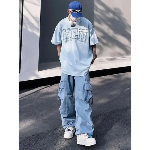 Voguable  Y2K Cargo Pants for Hip Hop Harajuku Parachute Cargo Trousers Blue Japanese Loose Casual Streetwear Hip Hop