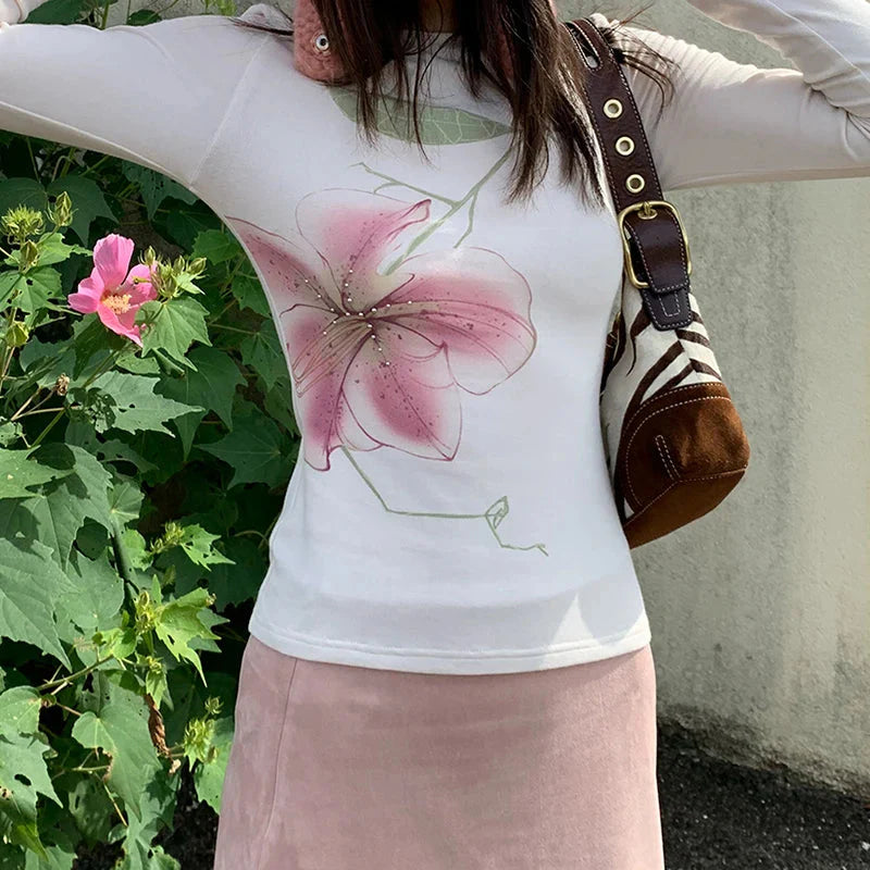 Fairy Coquette Top y2k Clothing Rhinestone Floral Print Round Neck Long Sleeve T Shirts 2000s Clothes Streetwear