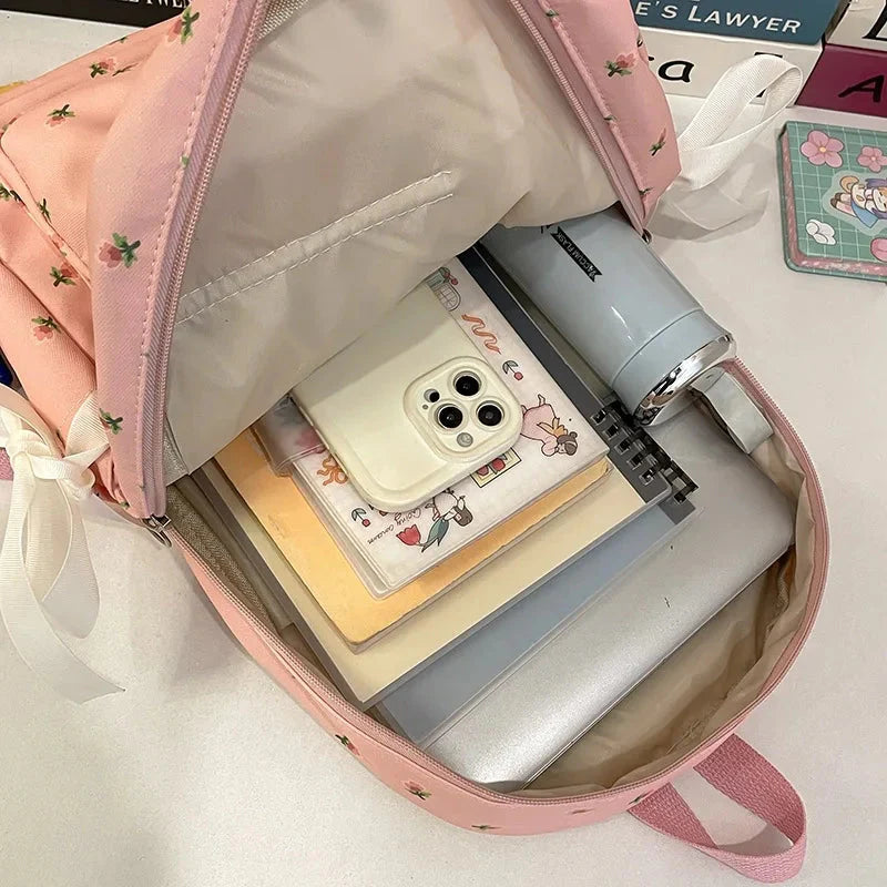 Korean Bow Chic Flower Print Backpack High-capacity Sweet Kawaii Schoolbags Casual Preppy Y2k Students Backpacks