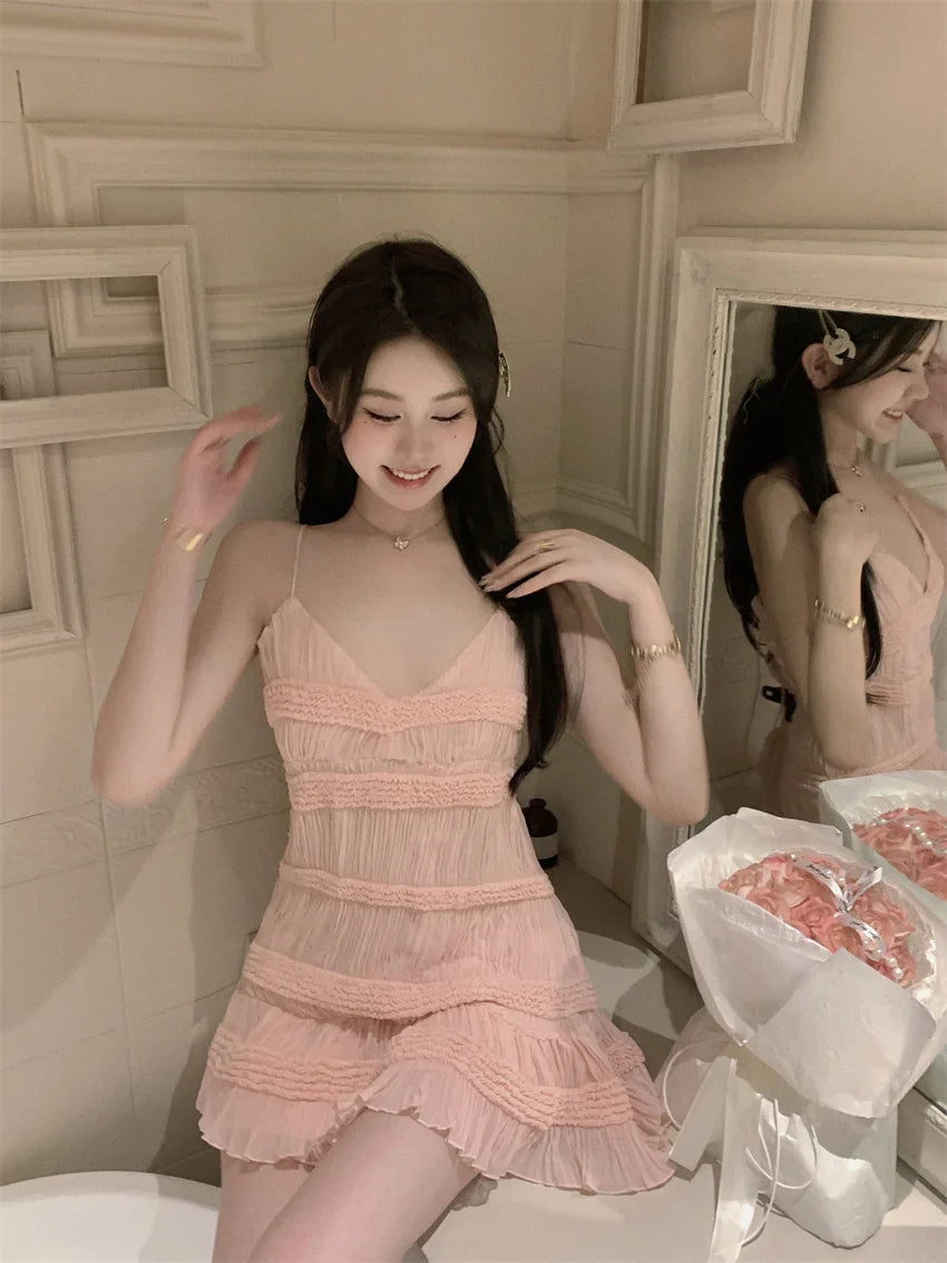 Voguable Backless V-neck Y2K Draped Suspender Dresses Beach Style Hotsweet Slim Fit Chiffon Party Club Dress