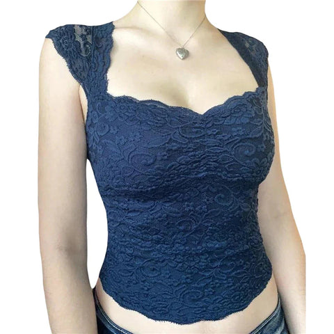 Lace Crop Top y2k Aesthetic Clothes Sweet Style V Neck Sleeveless T Shirt Tanks Kawaii E Girl Clothes Streetwear