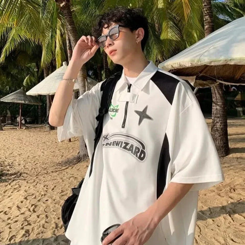 American Retro Short Sleeved Y2k Motorcycle Style Polo Collar Simple Versatile Loose Vintage Couple T-shirt Casual Top