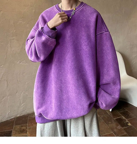 American Washed Old Pullovers Sweatshirts Loose Solid Color Large Size Warm O Neck Tops Hip Hop Y2k Sweatshirt