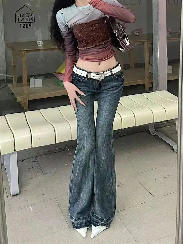 American High Street Spicy Girls Low Waist Jeans Vintage Y2k Design Sense Slim Fit Straight Tube Micro Flare Pants