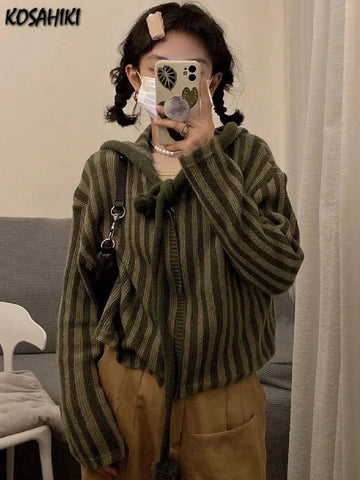 Korean Hooded Loose Harajuku Sweaters Striped Zipper Cardigan Knitted Gothic Y2k Tops Jumper