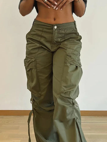 Voguable  Cargos Style Parachute Pants Low Waist Joggers Harajuku Pockets Baggy Wide Leg Trousers y2k Streetwear Casual