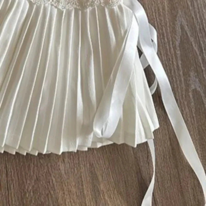 Y2K Lace Up Mini Skirts Korean High Waist Preppy Lace Patchwork Pleated Skirt Sweet Lolita A Line Faldas Mujer