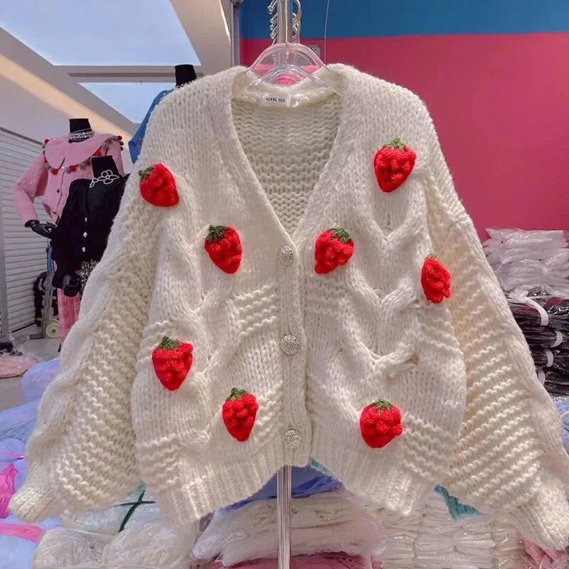 Winter Strawberry Knitting Cardigan Y2K Loose Long Sleeve Thicken Warm Sweater Korean Chic Preppy Sweater