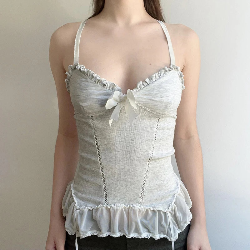 Voguable  Y2K Lace Ruffles Crop Top Coquette Aesthetic Bow Milkmaid Corset Cute Japanese Lolita Style Camis Fairy Vest