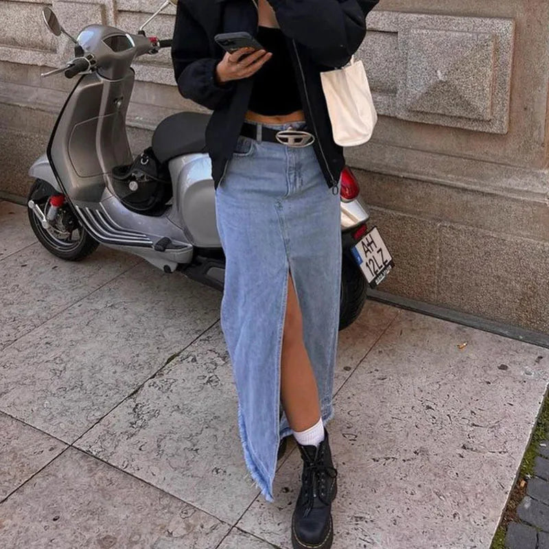Cotton Simple Vintage Long A-Line Skirt Slit Denim Skirt Y2K Party Skinny Vestidos Vero Vintage Size