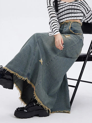 Ripped Denim Skirt for High Waisted Slit Cut Chic A-Line Long Skirt Basic Vintage Y2k Pocket Korean Skirt